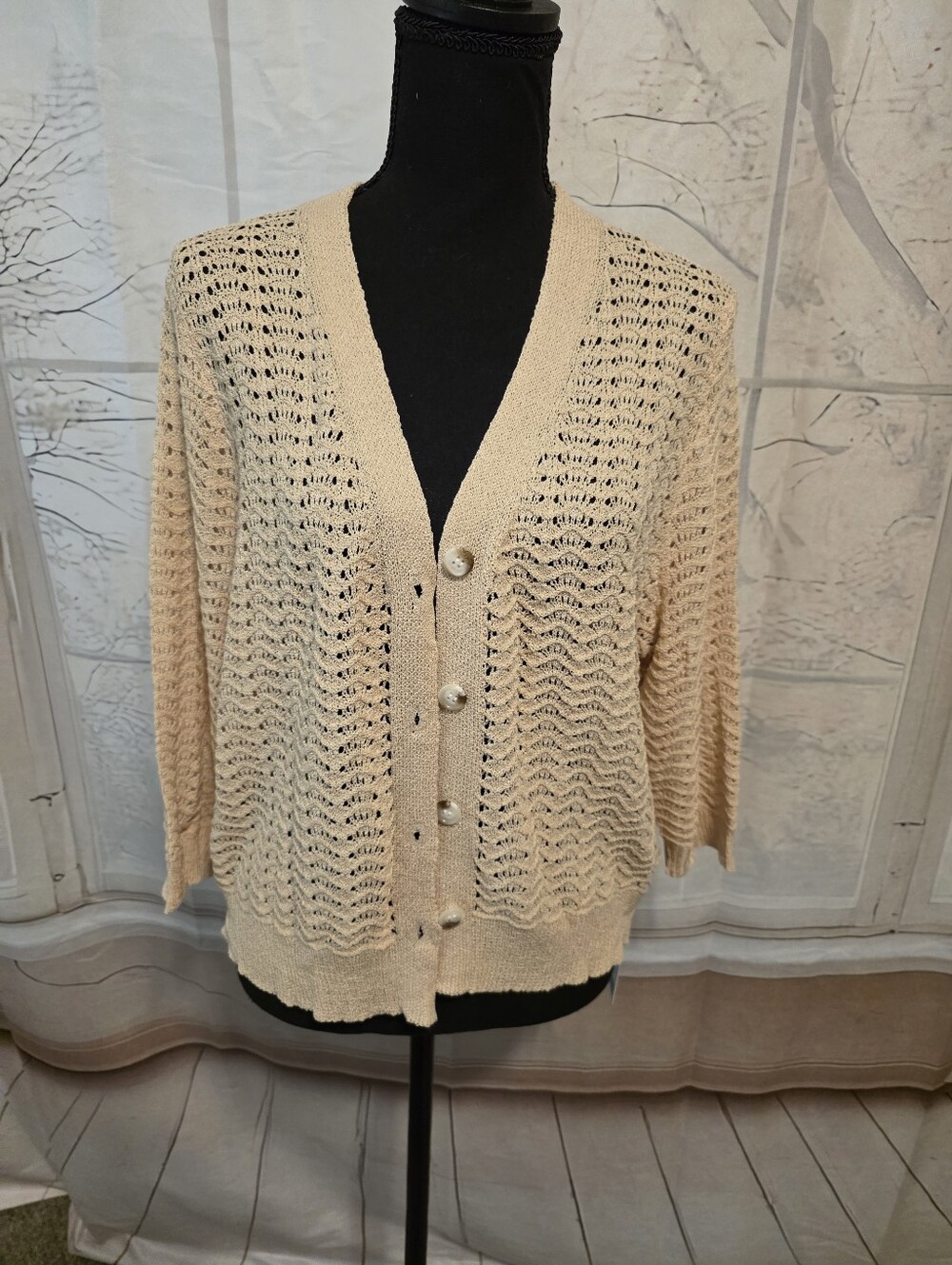 Women's Cream Open-Knit Button Cardigan Sweater